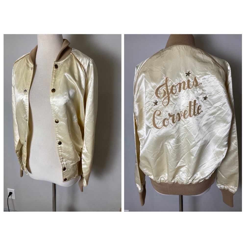 Vintage Satin Bomber Jacket Cream Jonis Corvette Chainstitch Varsity Snap Front